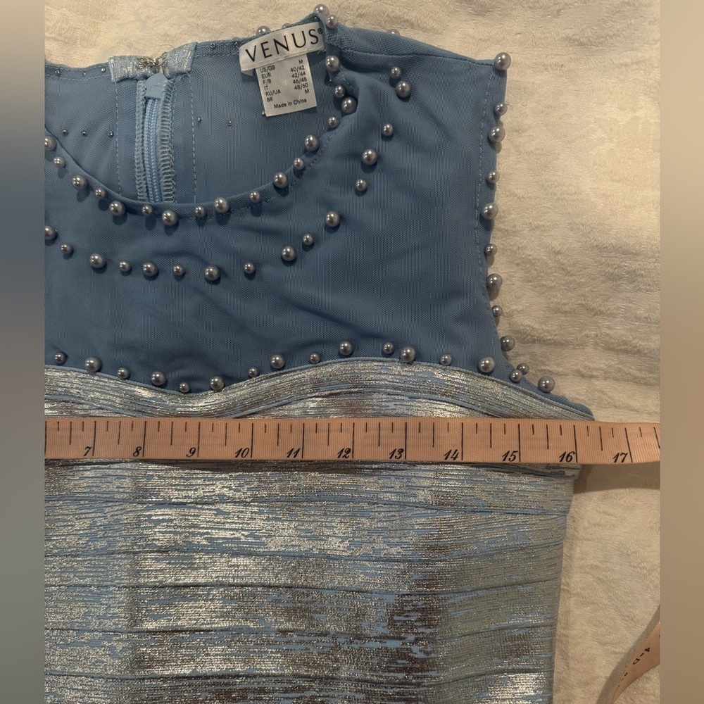 VENUS metallic Silver and blue bodycon Mini Dress mesh pearl embellishment - Picture 7 of 11